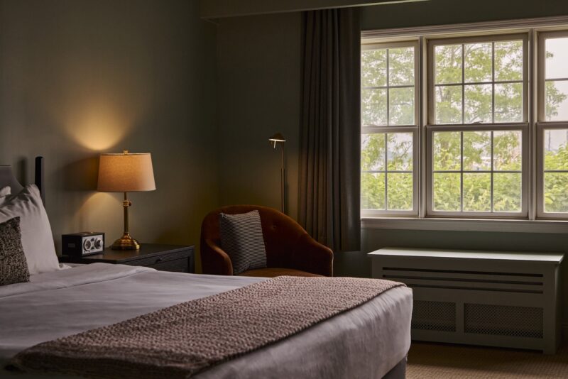 A king guest bedroom at The Harbor Front Inn.