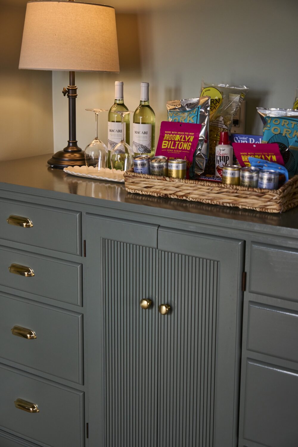 A mini bar in a guest room at The Harbor Front Inn.
