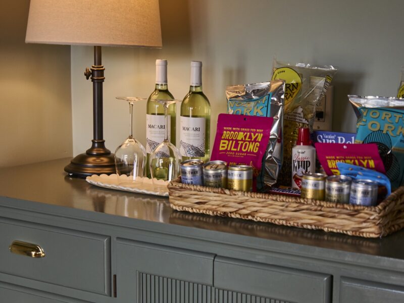 A mini bar in a guest room at The Harbor Front Inn.