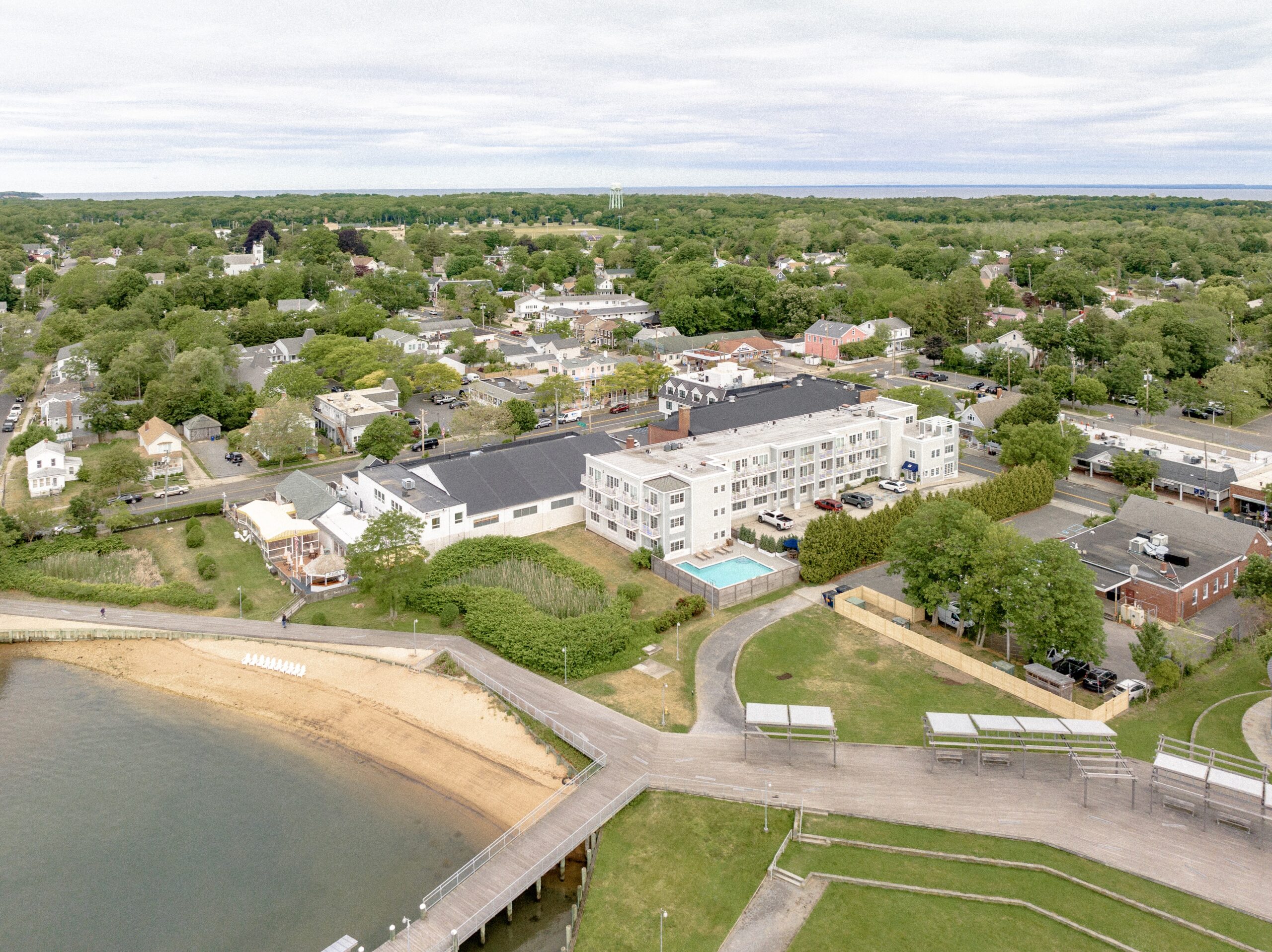 drone view of harbor front inn
