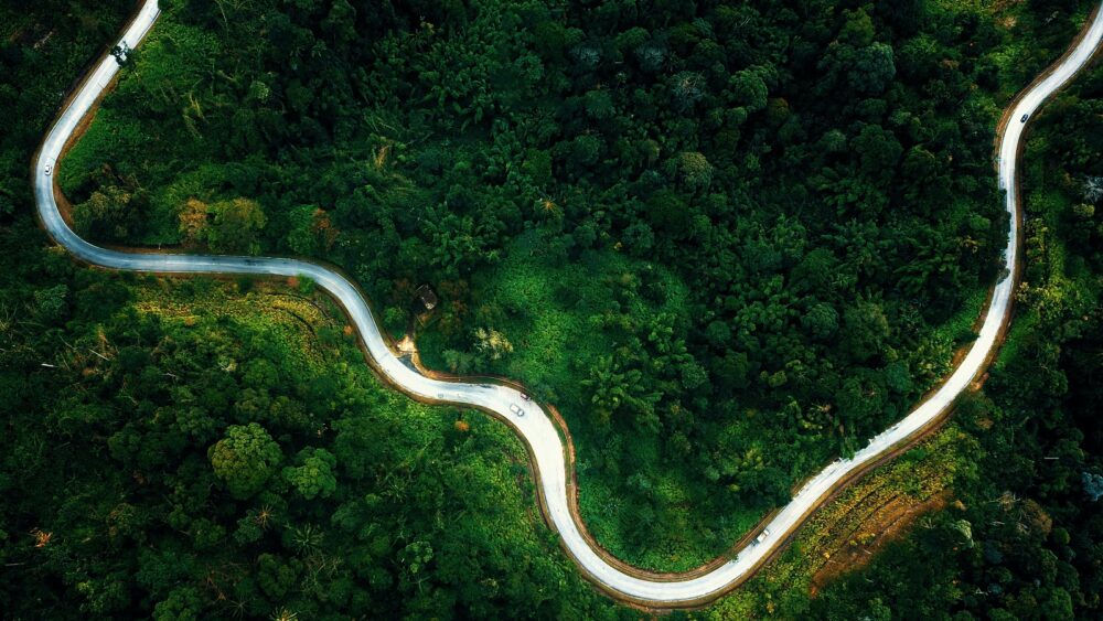 drone view over winding road