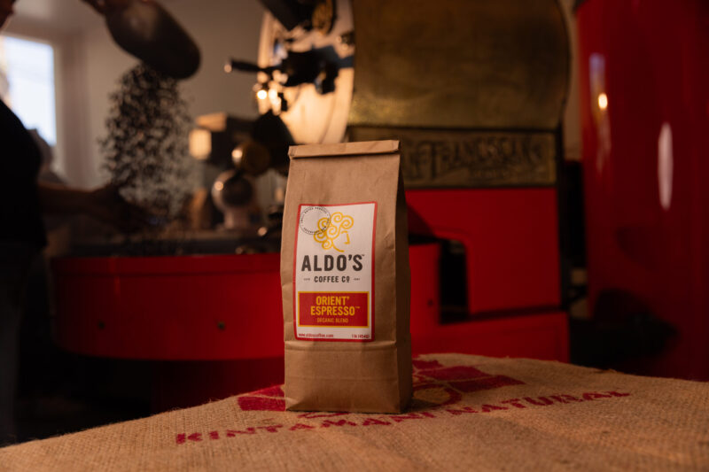 A bag of coffee beans in a coffee shop.
