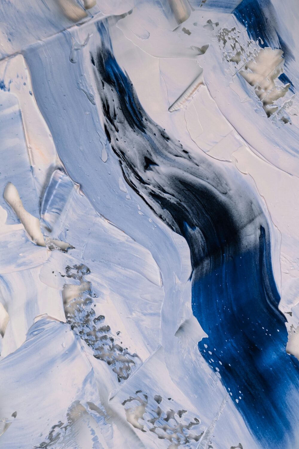 A white and blue abstract painting in acrylic.