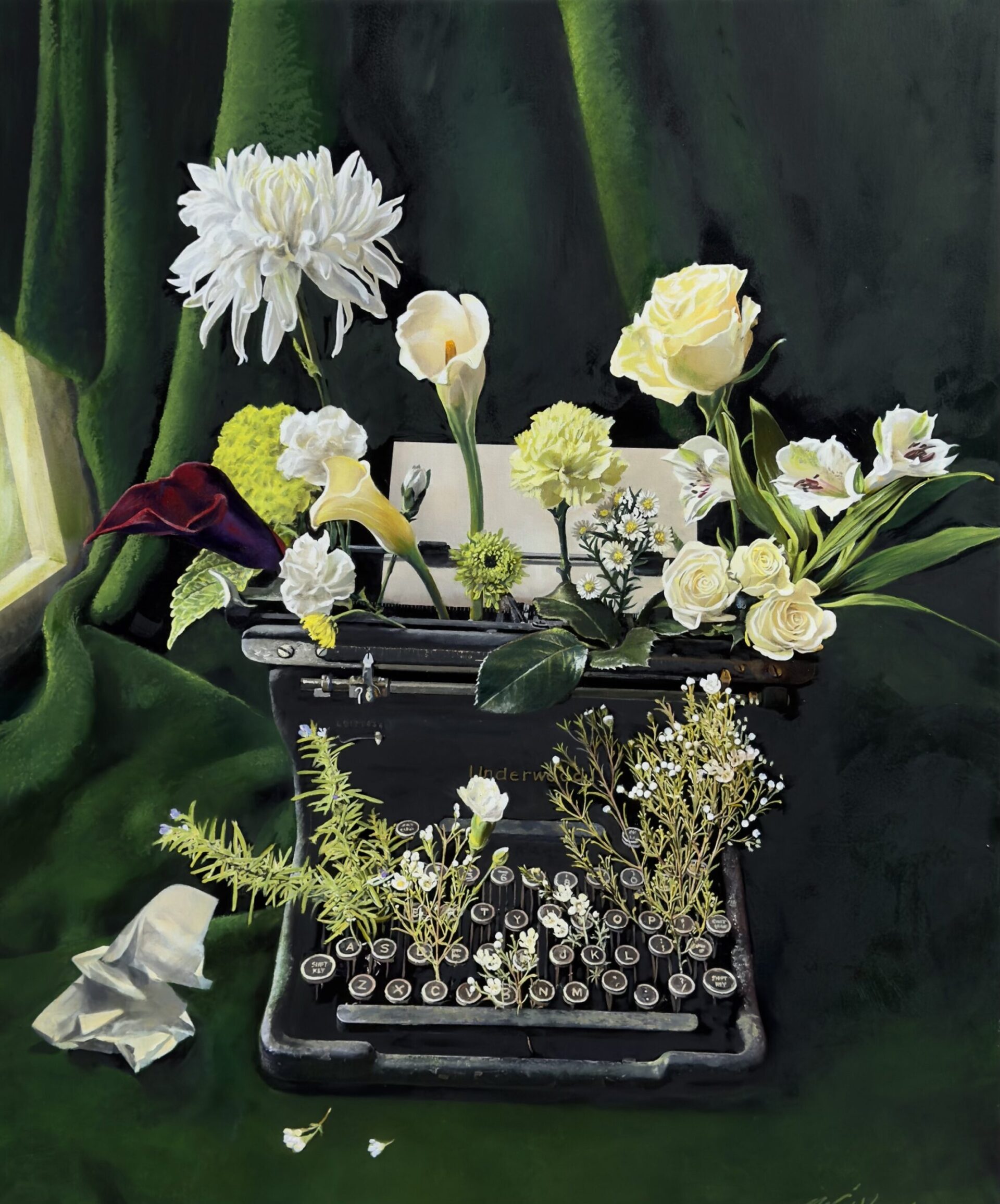 A painting of flowers coming out of an old typewriter.