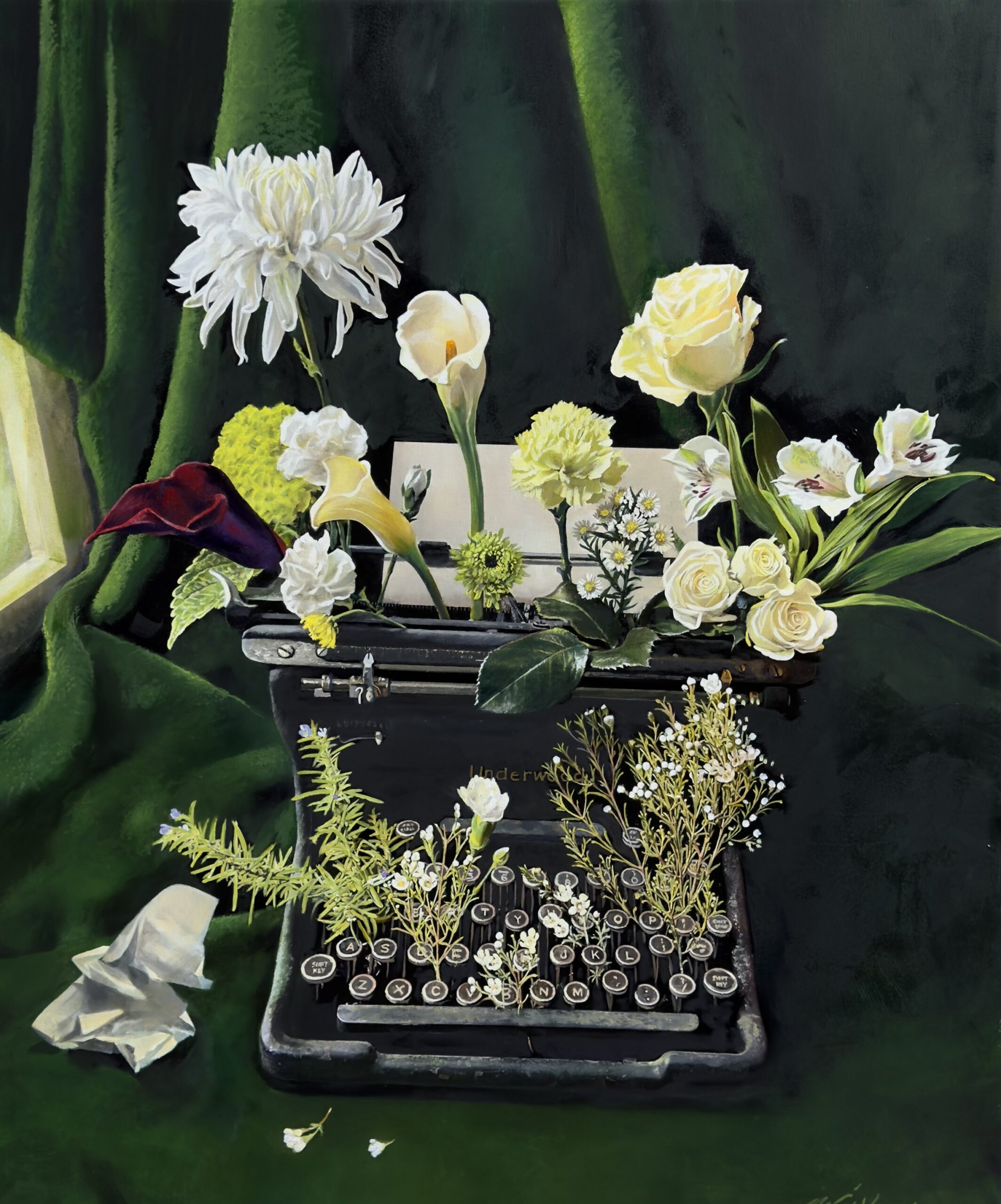 A painting of flowers coming out of an old typewriter.