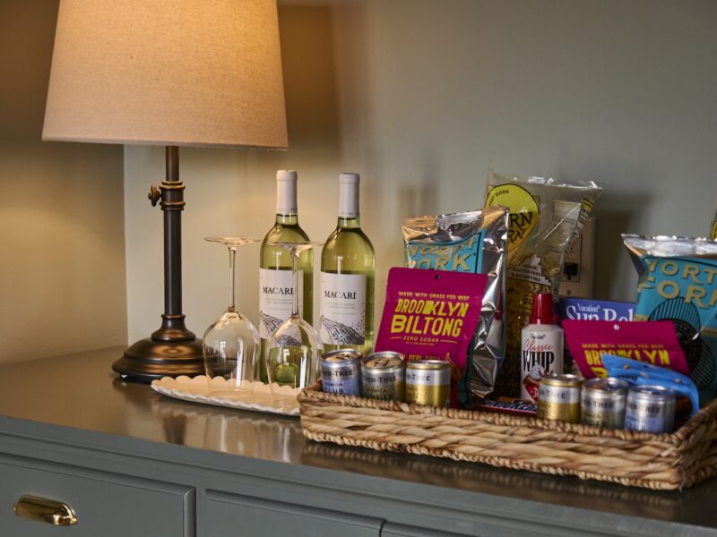 A mini bar in a guest room at The Harbor Front Inn.