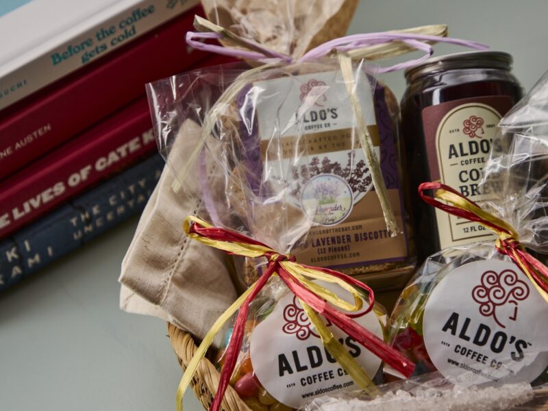 A gift basket with local goodies from Aldo's Coffee in Greenport, NY.